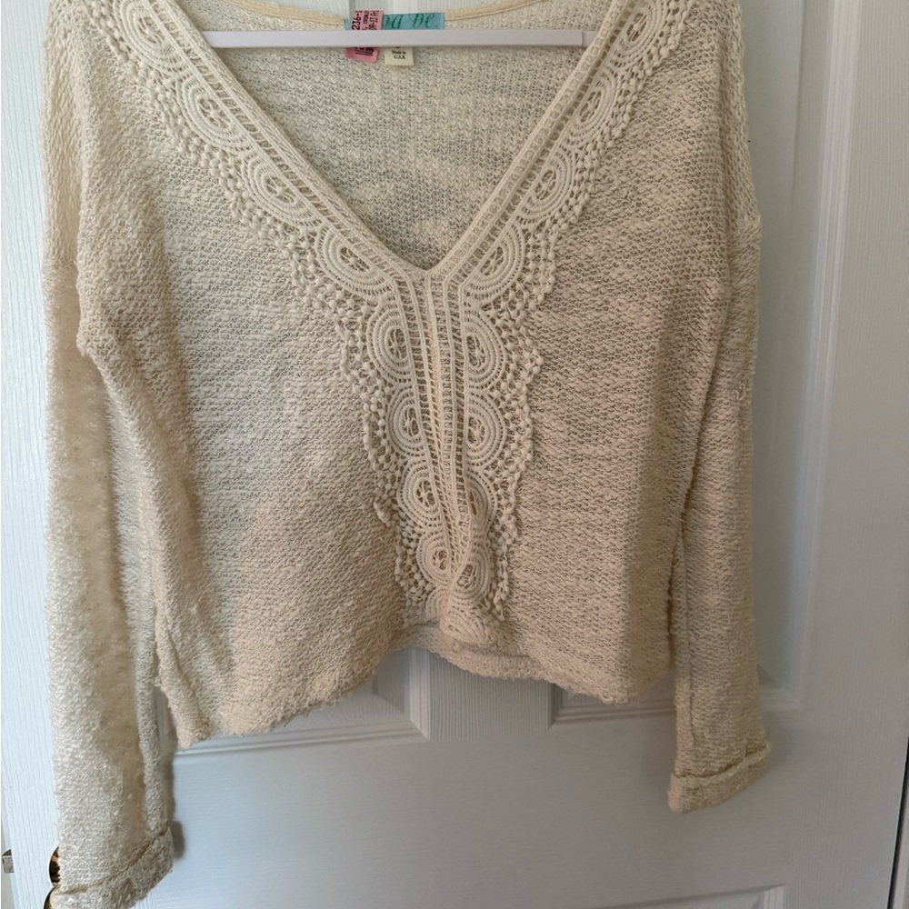 V-Neck Crochet Trim Cream Women's Sweater